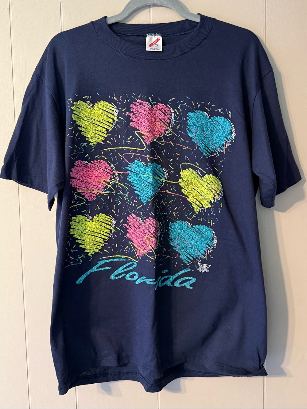 Vintage 1980s Florida Neon Hearts Graphic T-Shirt | Jerzees Made USA | XL 46